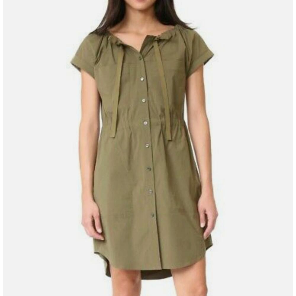 Theory Military Green Laela Cotton Mini Shirt Dress Drawstring Waist Size 4